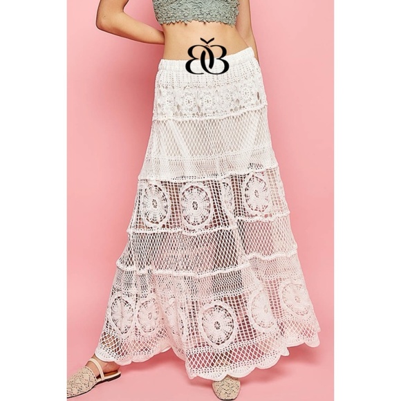 POL Off White Elastic Waist Crochet Flared Maxi Skirt - Picture 3 of 10